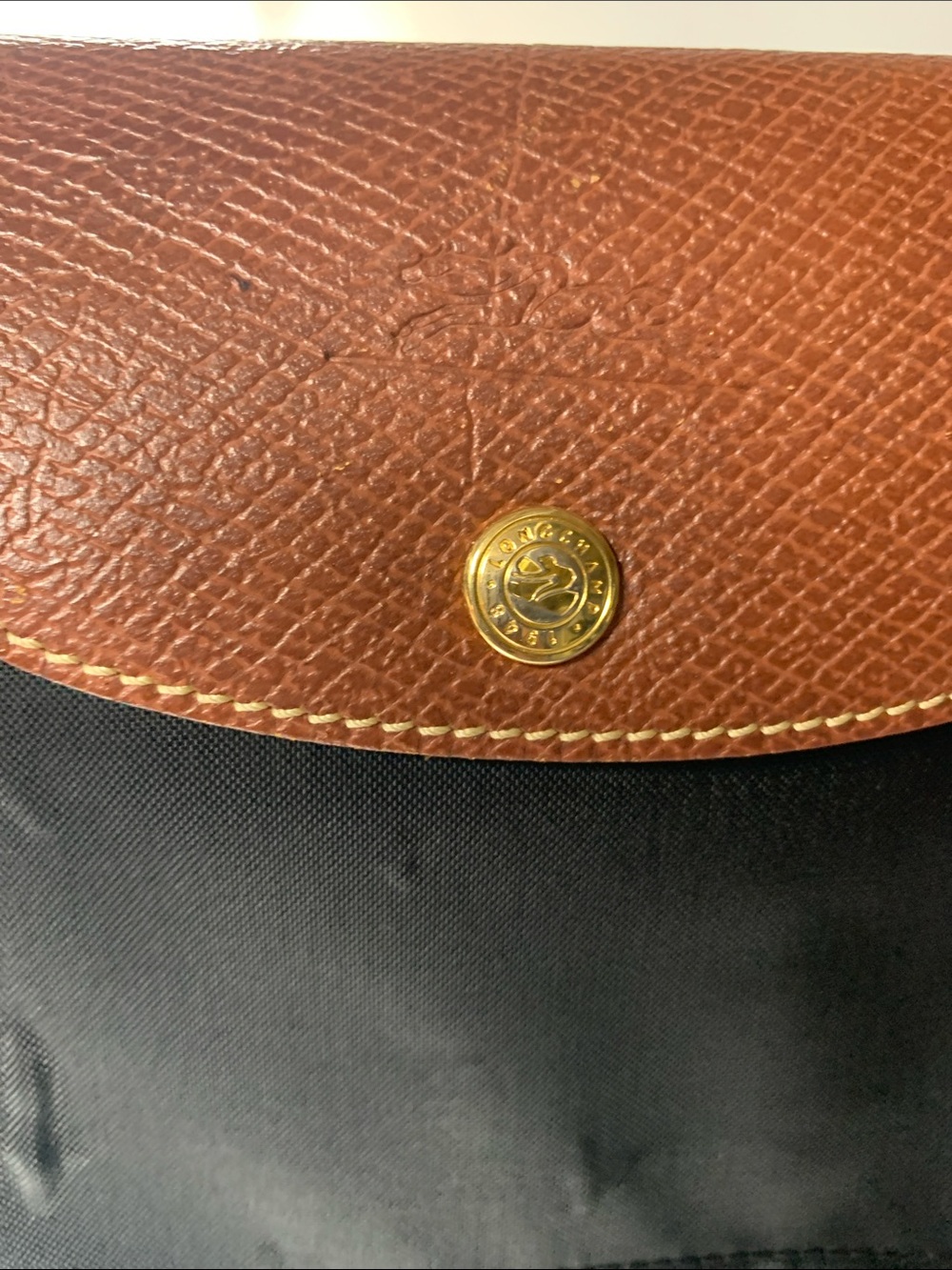 Longchamp Nylon Backpack with Brown Leather Flap and Gold Snap
